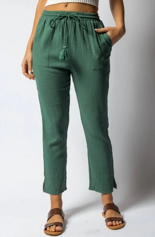 Relaxed-fit lounge pants-Women's Wide-Leg Pants-Moss Cotton Pants In Dark Green