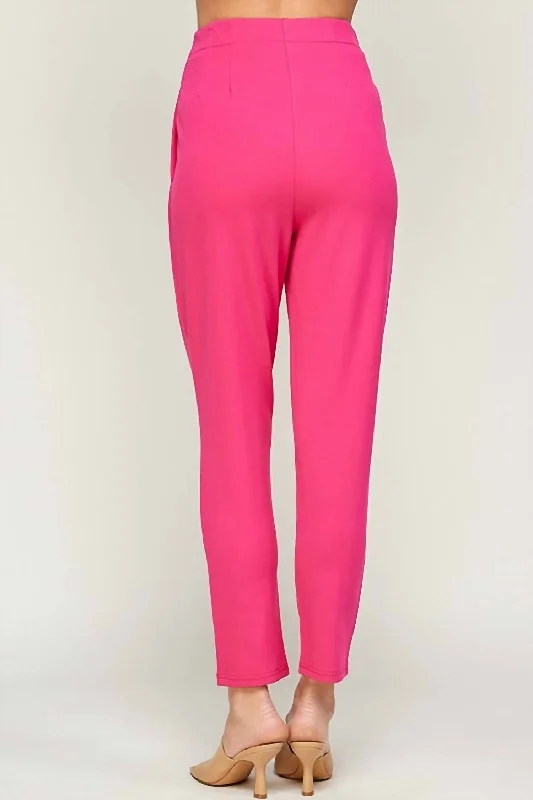 Casual drawstring pants-Women's Slim Fit Pants-Pleated Pants In Pink