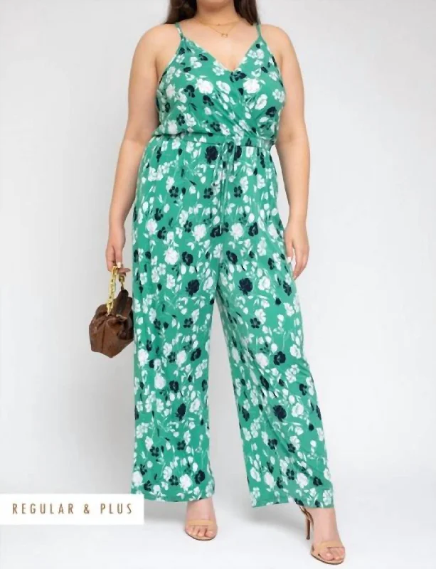 Warm polar fleece pants-Women's Athletic Pants-Plus Surplice Elastic Waist Jumpsuit In Green Ivory Flowers