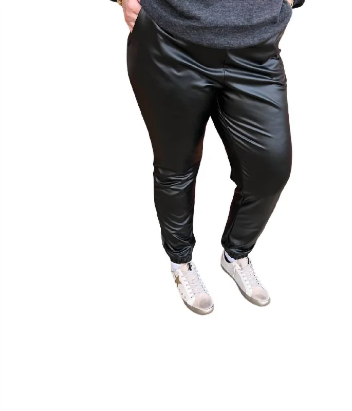 Moisture-wicking athletic pants-Women's Printed Leggings-Solid Faux Leather Joggers In Black