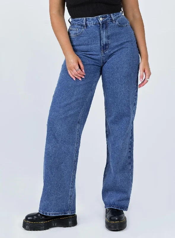 Lightweight cargo travel pants-Women's Solid Color Pants-Theore High Waisted Mom Jean Mid Wash Denim