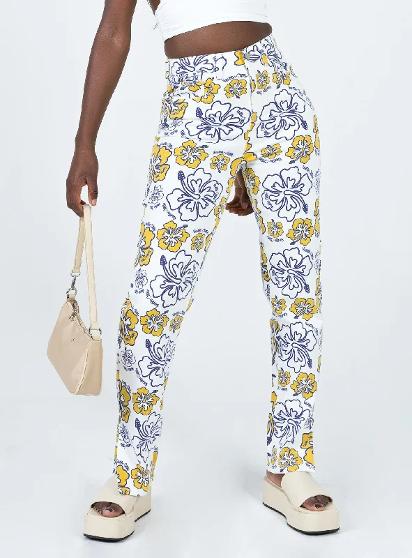 Bright colored pants-Women's Roll-Up Pants-Tropical Dreams Straight Leg Denim Jeans Off White