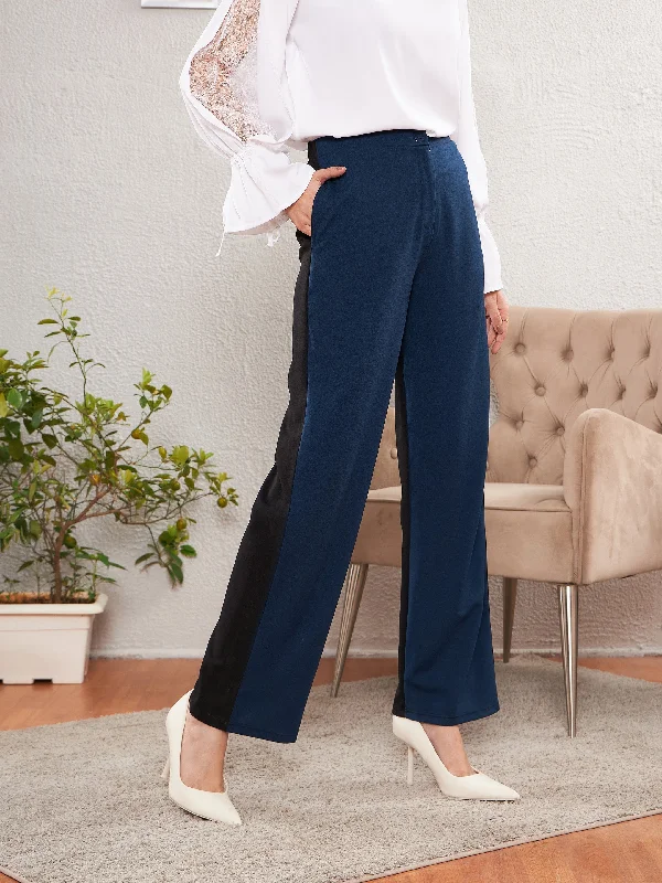 Warm quilted pants-Women's Warm Pants-Women Blue & Black Color Block Straight Pants