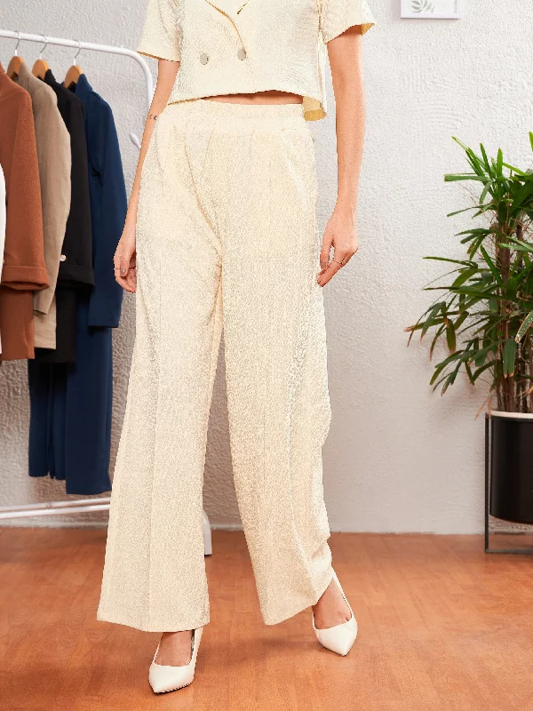 Retro bell-bottom pants-Women's Printed Pants-Women Cream Front Darted Palazzo Pants