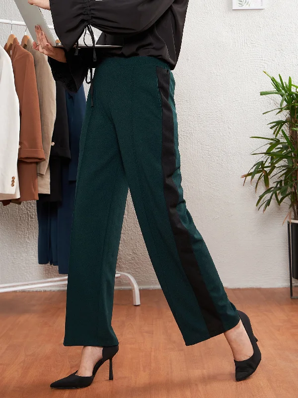 Stretchy climbing pants-Women's Workout Pants-Women Emerald Green Side Tape Straight Pants