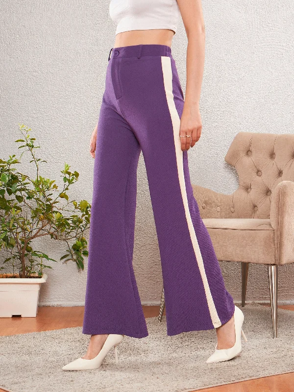 Stylish houndstooth pants-Women's Snap Button Pants-Women Purple Side Tape Bell Bottom Pants