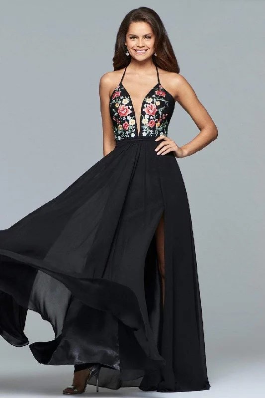 Evening dress for evening trend-Women's Blush Evening Dresses-Faviana - Plunging Floral Embroidered Chiffon Gown 10000