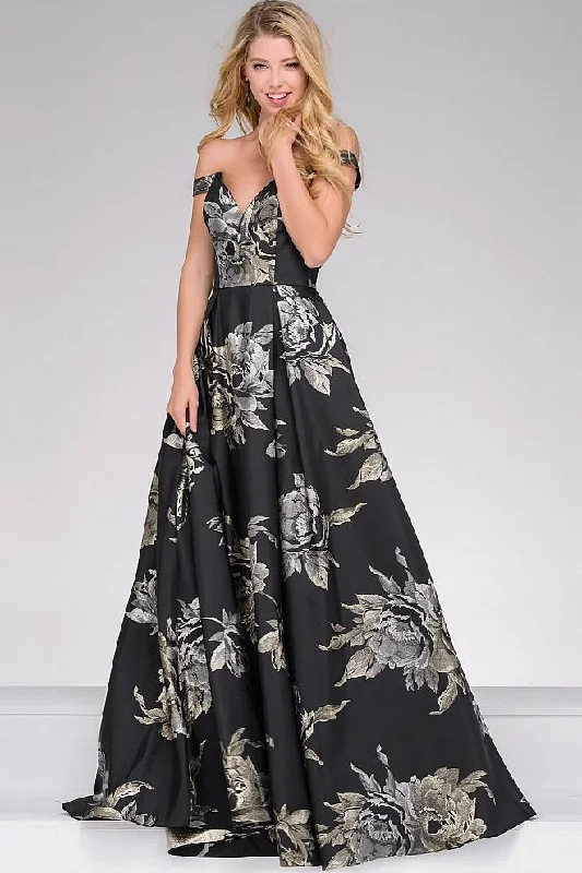 Evening dress for evening opulence-Women's Aubergine Evening Gowns-Jovani - Off the Shoulder Flora Print Prom Ballgown 48361