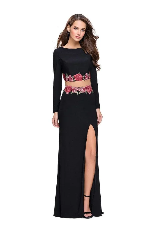 Evening dress with asymmetrical overlay-Women's Jewel Toned Evening Dresses-La Femme - 25695 Long Sleeve Flower Trimmed Jersey Evening Gown