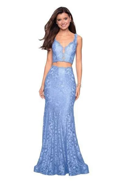 Evening dress with floral bodice-Women's Jade Evening Gowns-La Femme - 27302 Two Piece Allover Lace Mermaid Gown