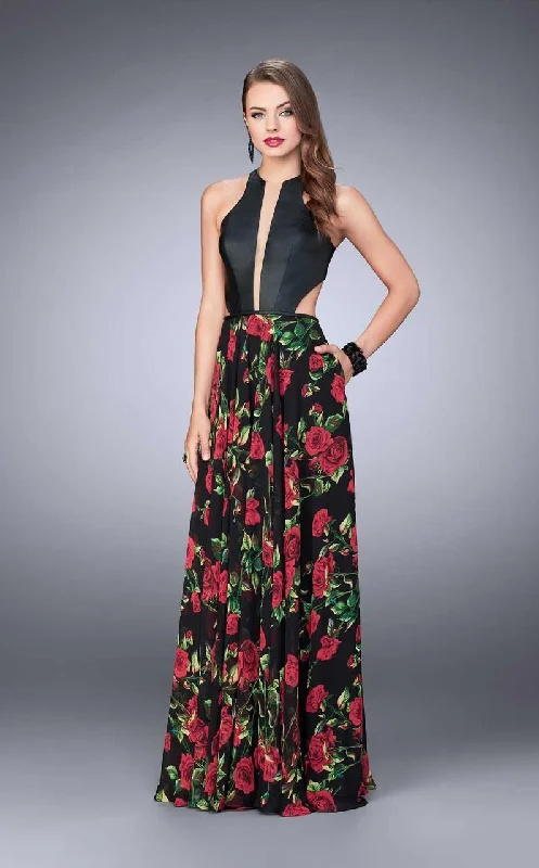 Evening dress for evening allure-Women's Affordable Evening Dresses-La Femme - 24273 Enthralling Halter Floral Print A-Line Long Evening Gown