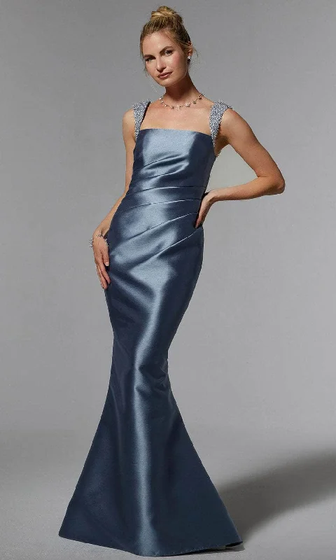 Evening dress with flared overlay-Women's V-Neck Evening Gowns-MGNY By Mori Lee 72925 - Bejeweled Satin Evening Gown